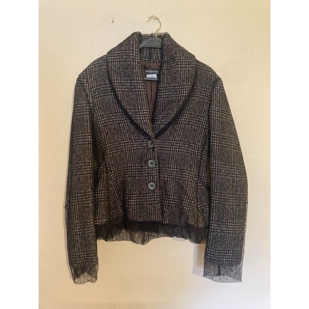 Patrizia Pepe Plaid Wool Blend Fine Mesh Lace Italian Blazer Jacket - size 42